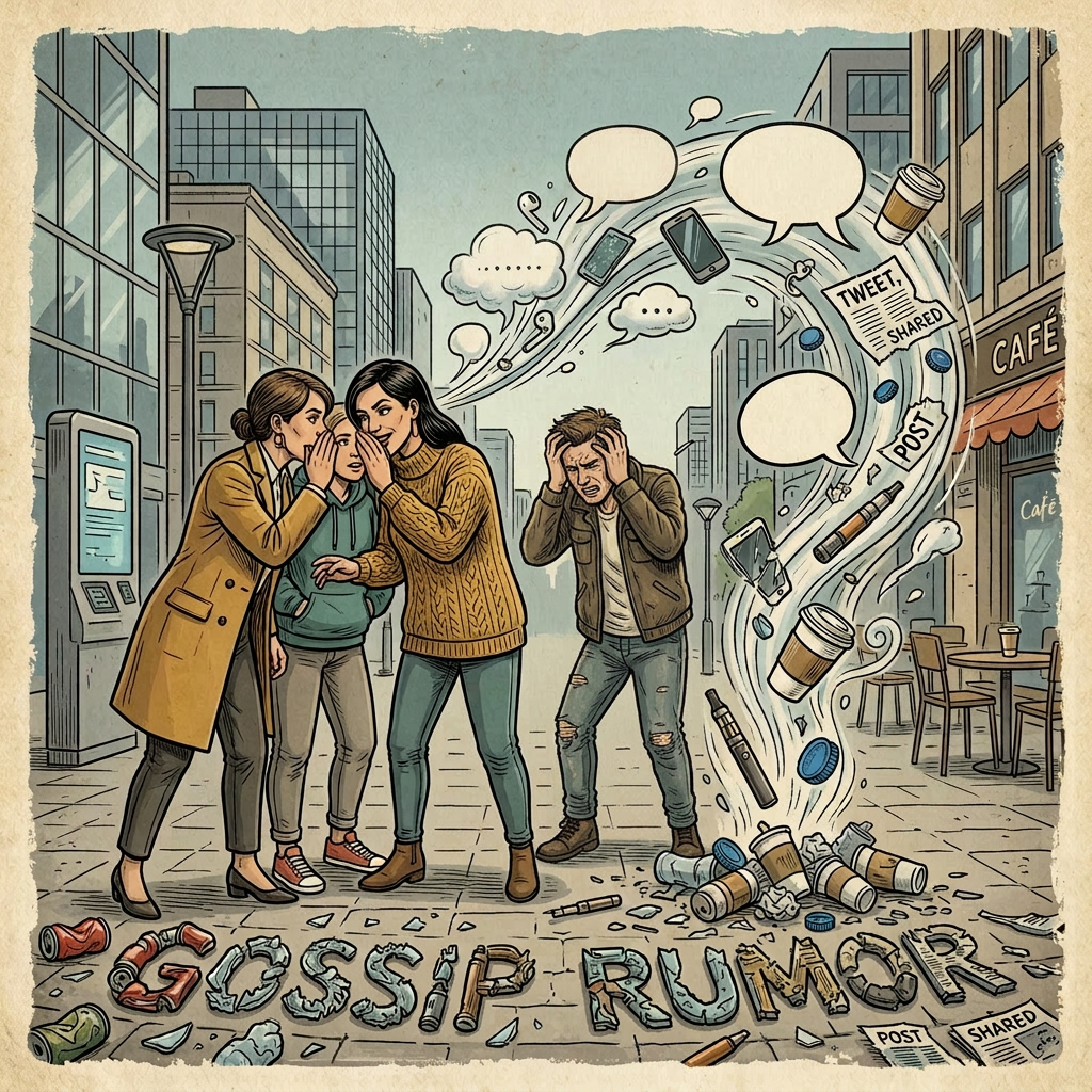 Four medieval villagers whispering and reacting to rumors swirling as sticks and stones in the town square