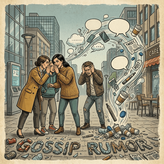 Four medieval villagers whispering and reacting to rumors swirling as sticks and stones in the town square