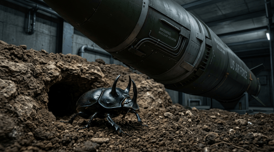 Beetle on soil near a nuclear missile with US Air Force markings in a bunker