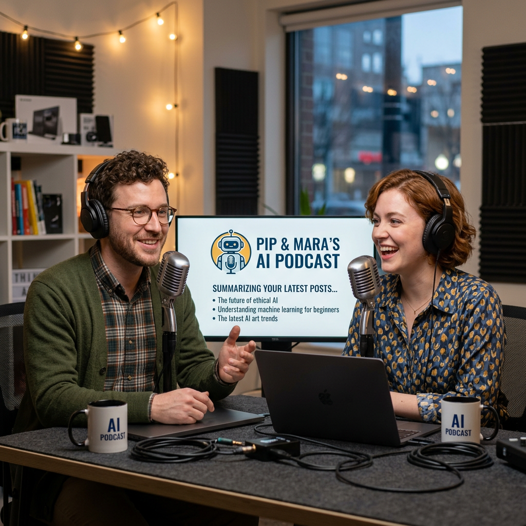Two podcast hosts wearing headphones beside microphones and a screen reading “PIP & MARA’S AI PODCAST.”